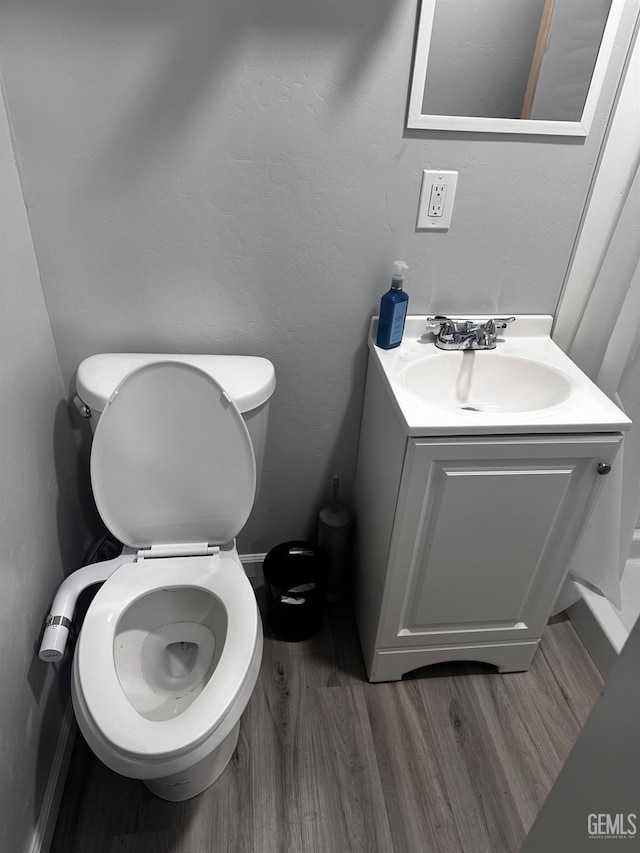 bathroom with vanity, wood-type flooring, and toilet