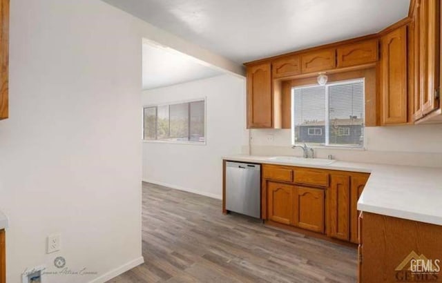 kitchen with dishwasher, sink, and light hardwood / wood-style flooring