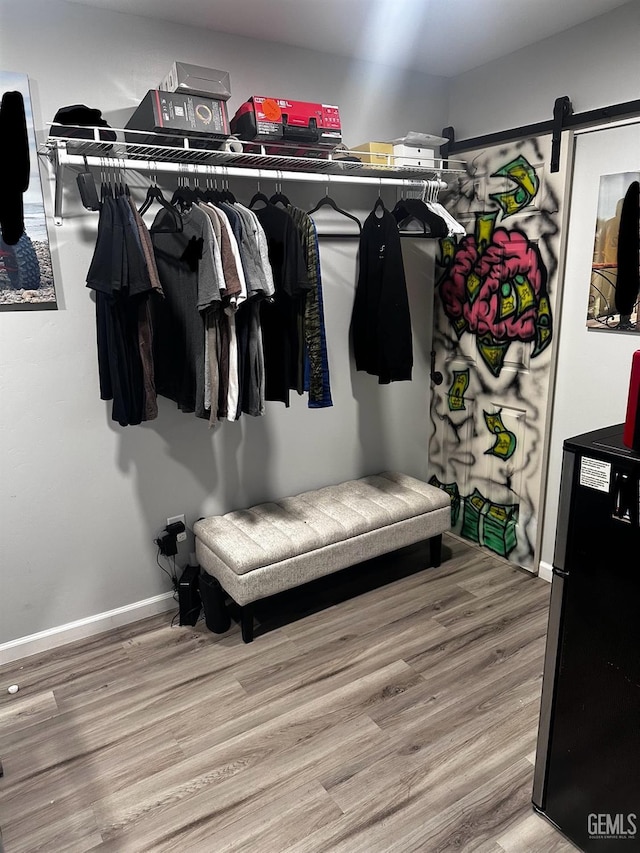 walk in closet featuring a barn door and hardwood / wood-style floors