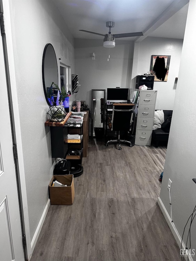 home office featuring ceiling fan and wood-type flooring