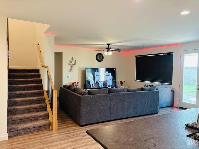 8410 Avon St, Bakersfield, CA 93314 - living area with light wood-style floors, stairs, a ceiling fan, and recessed lighting