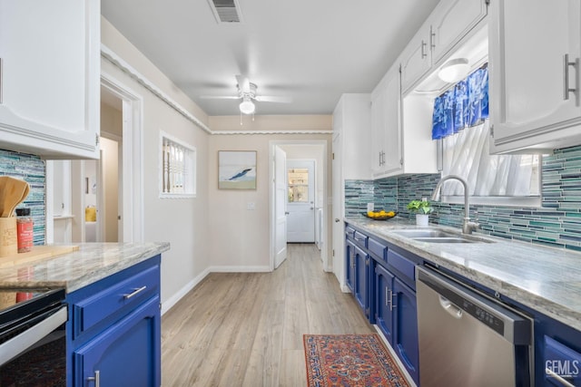 2702 Worthington Ave, Bakersfield, CA 93308 - kitchen with blue cabinetry, ceiling fan, dishwasher, decorative backsplash, and white cabinetry