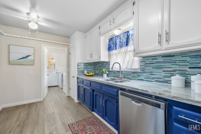 2702 Worthington Ave, Bakersfield, CA 93308 - kitchen featuring blue cabinets, stainless steel dishwasher, white cabinetry, and tasteful backsplash