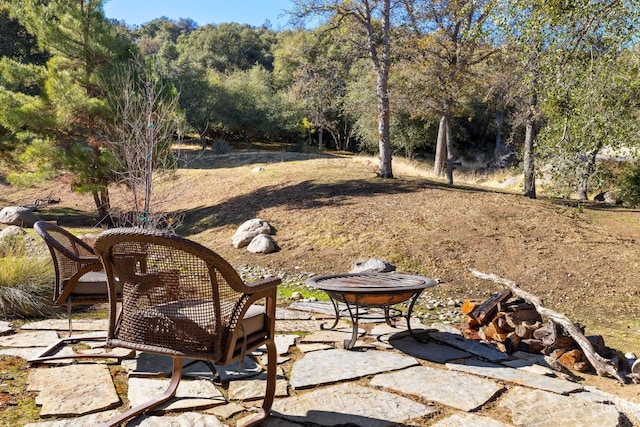 view of yard with a fire pit and a patio area