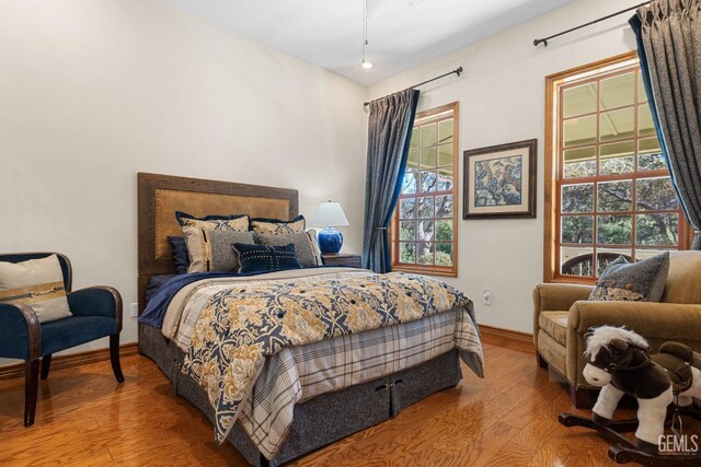 bedroom with hardwood / wood-style floors and multiple windows