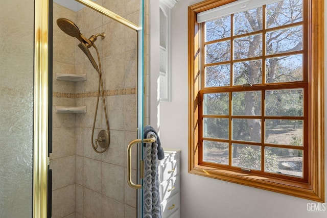 bathroom featuring a shower with shower door