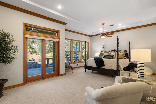 carpeted bedroom with access to exterior, crown molding, and french doors