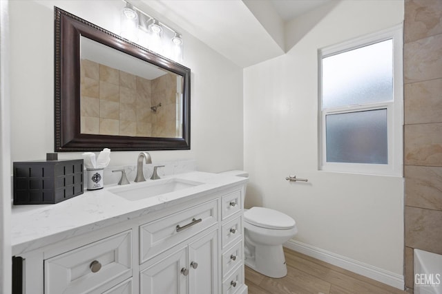 bathroom featuring baseboards, toilet, wood finished floors, walk in shower, and vanity