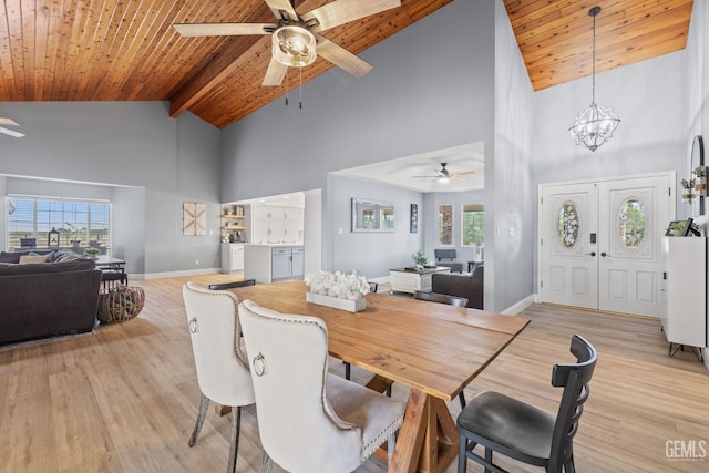 dining area featuring ceiling fan with notable chandelier, high vaulted ceiling, wooden ceiling, light hardwood / wood-style flooring, and beam ceiling