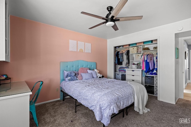 carpeted bedroom with a closet and ceiling fan