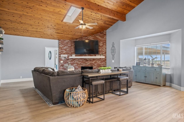 living room with a brick fireplace, wooden ceiling, a skylight, and light wood-type flooring