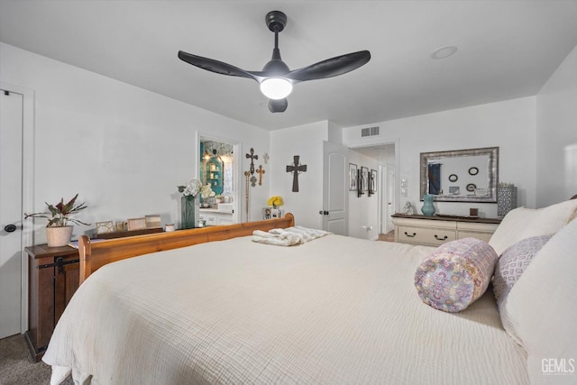 bedroom featuring carpet flooring and ceiling fan