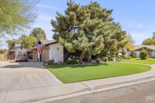 obstructed view of property featuring a garage and a front lawn