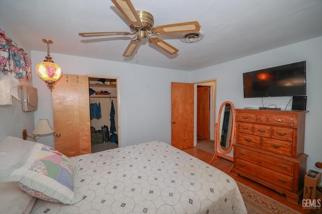 bedroom featuring a closet, ceiling fan, and wood finished floors