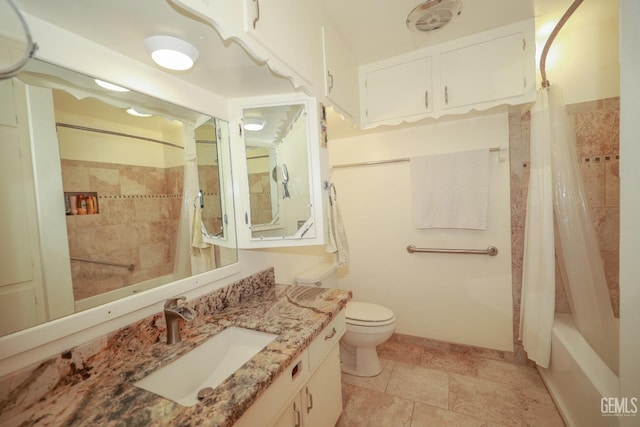 bathroom with vanity, shower / bathtub combination with curtain, and toilet