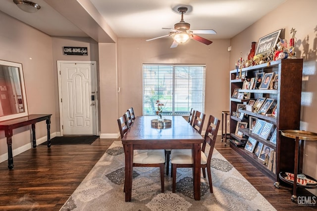 dining room with dark wood-style floors, ceiling fan, and baseboards