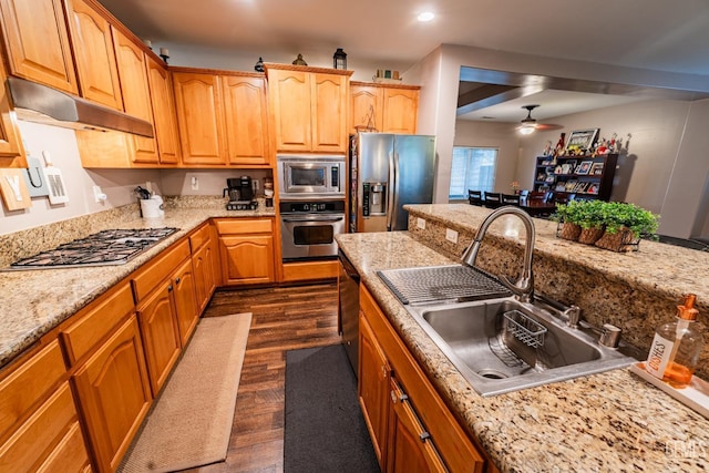 kitchen with a ceiling fan, dark wood-style floors, stainless steel appliances, under cabinet range hood, and a sink