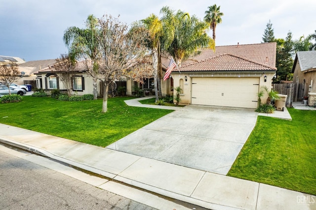 view of front of home with stucco siding, a tiled roof, and a front yard