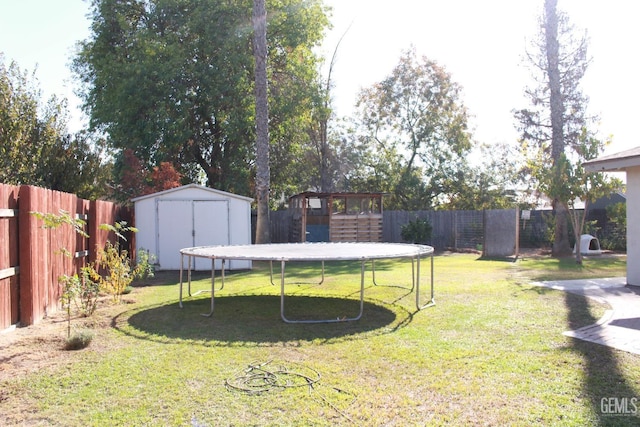 view of yard with a shed and a trampoline