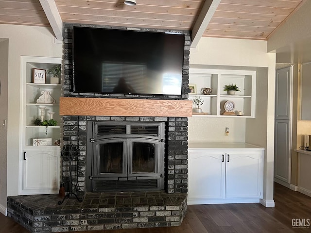 details with wood finished floors, built in shelves, wooden ceiling, baseboards, and beam ceiling