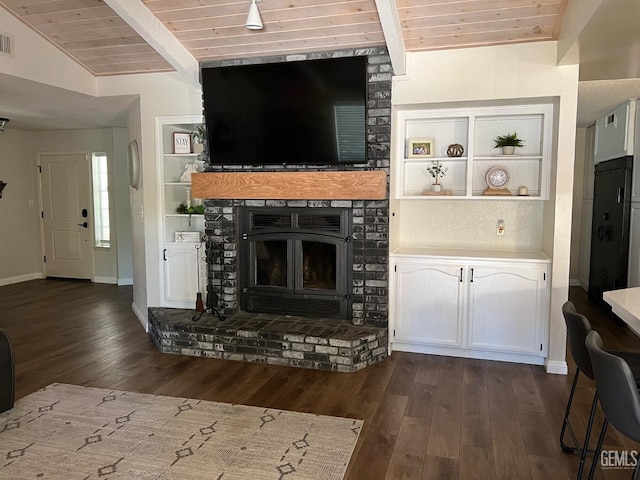 unfurnished living room with dark wood-style floors, vaulted ceiling with beams, wood ceiling, baseboards, and visible vents