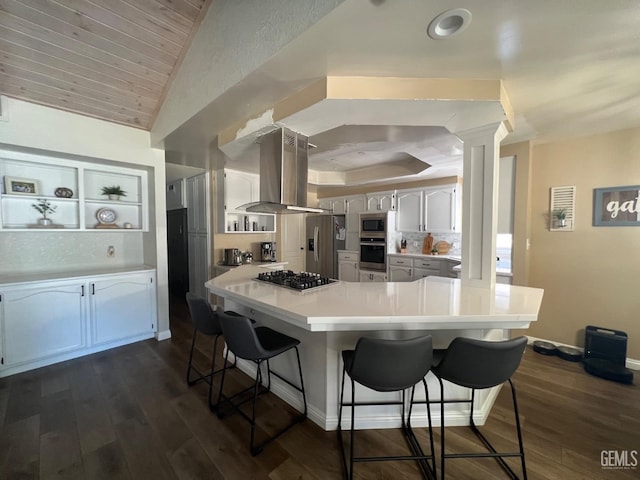 kitchen featuring a kitchen breakfast bar, dark wood-style floors, backsplash, island range hood, and appliances with stainless steel finishes
