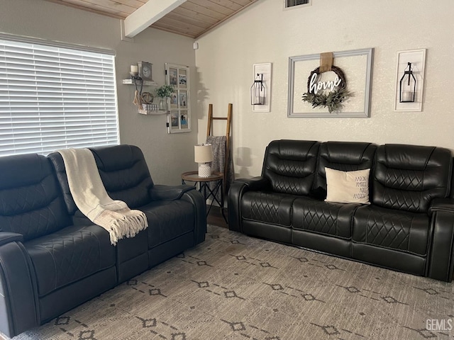 living room featuring visible vents, vaulted ceiling with beams, and wood ceiling