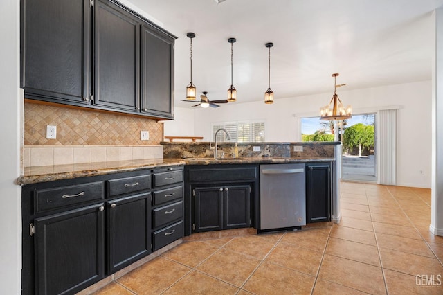 5219 Port Dr, Bakersfield, CA 93312 - kitchen featuring dishwasher, tasteful backsplash, dark cabinetry, and plenty of natural light
