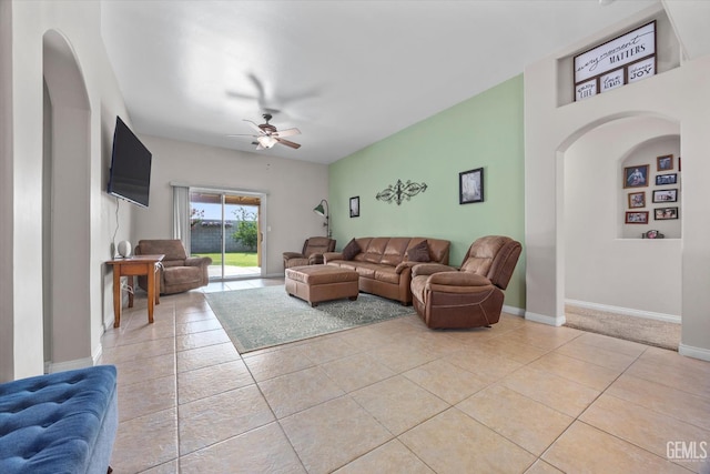 3601 Villa Lante St, Bakersfield, CA 93308 - living room featuring ceiling fan, arched walkways, and tile patterned floors