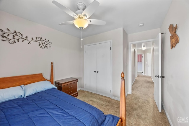 3601 Villa Lante St, Bakersfield, CA 93308 - bedroom featuring light carpet, a closet, and ceiling fan