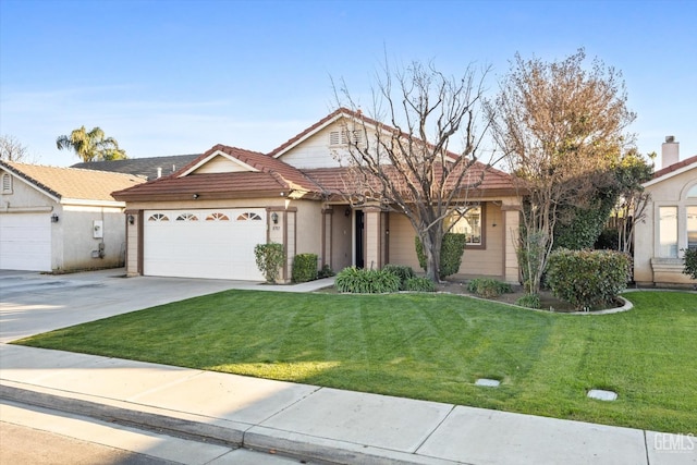 ranch-style house with a front yard and a garage