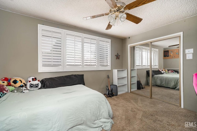 3201 Heisey St, Bakersfield, CA 93306 - bedroom featuring carpet, a textured ceiling, a closet, and ceiling fan