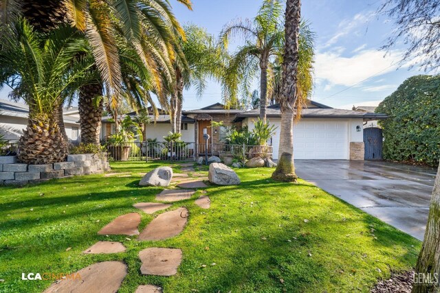 view of front of house with a front yard and a garage