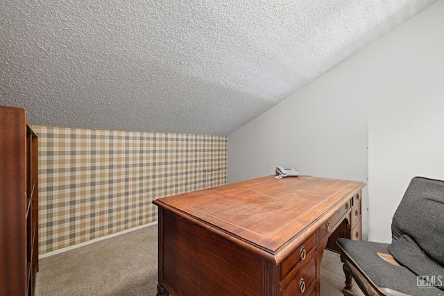 3504 Elm St, Bakersfield, CA 93301 - carpeted office featuring vaulted ceiling, a textured ceiling, and wallpapered walls