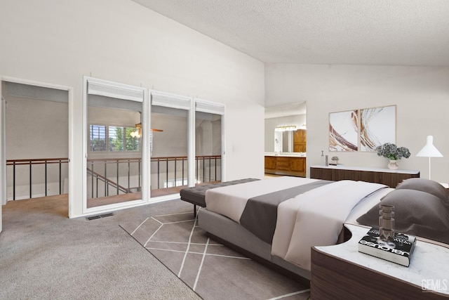 3504 Elm St, Bakersfield, CA 93301 - bedroom featuring carpet floors, a textured ceiling, high vaulted ceiling, and connected bathroom
