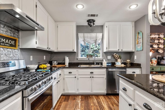 kitchen with exhaust hood, appliances with stainless steel finishes, white cabinetry, and sink