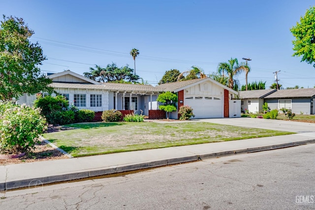 6201 Hartman Ave, Bakersfield, CA 93309 - ranch-style home with brick siding, driveway, an attached garage, and a front lawn