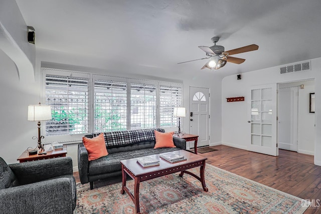 2849 Alturas Dr, Bakersfield, CA 93305 - living area with wood finished floors, visible vents, a wealth of natural light, and ceiling fan