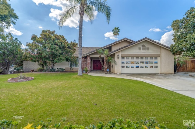 ranch-style home with concrete driveway, an attached garage, fence, and a front yard