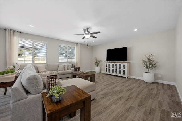 5503 Giverny Way, Bakersfield, CA 93306 - living room with ceiling fan, light wood-style flooring, baseboards, and recessed lighting