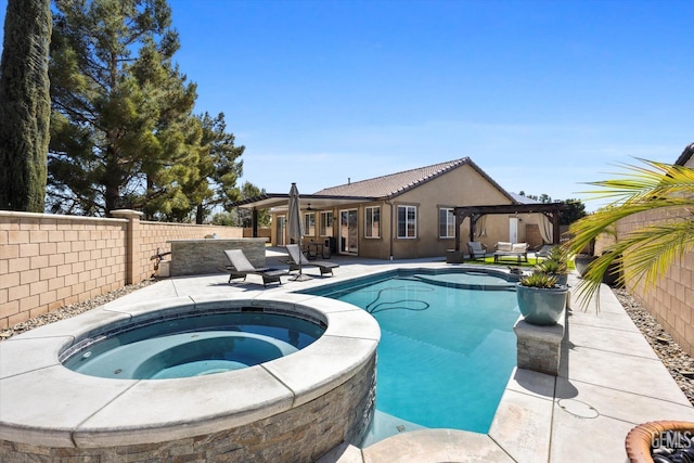 5503 Giverny Way, Bakersfield, CA 93306 - view of swimming pool with a patio, ceiling fan, a fenced backyard, and a pool with connected hot tub