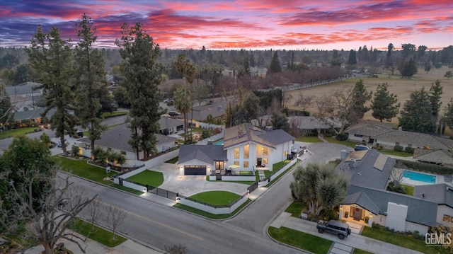 view of aerial view at dusk