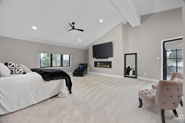 carpeted bedroom with beamed ceiling, ceiling fan, high vaulted ceiling, and multiple windows