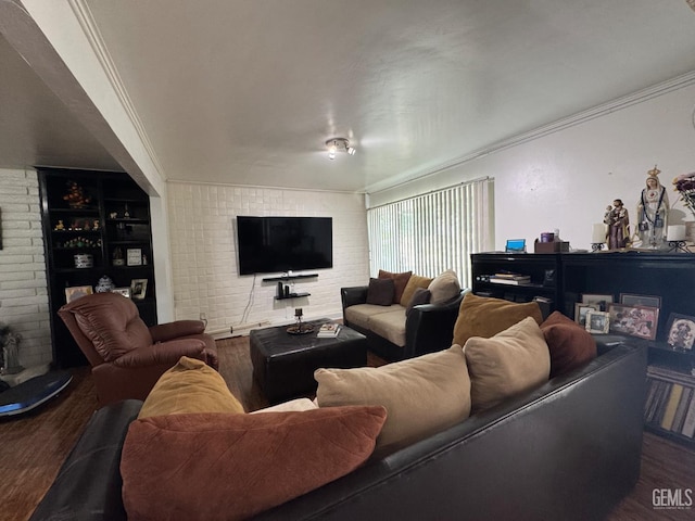 6301 Scenic Way, Bakersfield, CA 93309 - living room with crown molding, wood finished floors, and brick wall