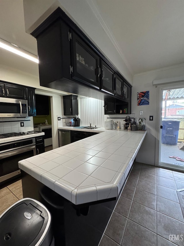 6301 Scenic Way, Bakersfield, CA 93309 - kitchen with dark cabinetry, stainless steel appliances, crown molding, light tile patterned flooring, and a peninsula