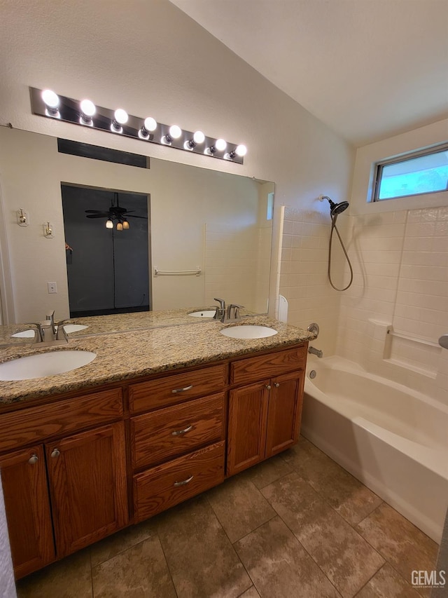 11511 Bay Meadows Ln, Bakersfield, CA 93312 - full bathroom with double vanity, shower / tub combination, vaulted ceiling, and a ceiling fan