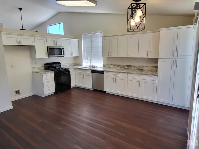 11511 Bay Meadows Ln, Bakersfield, CA 93312 - kitchen featuring stainless steel appliances, white cabinetry, light stone counters, and high vaulted ceiling