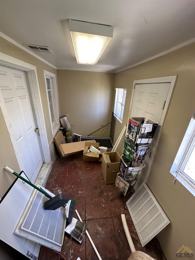 interior space featuring visible vents, a wealth of natural light, and ornamental molding