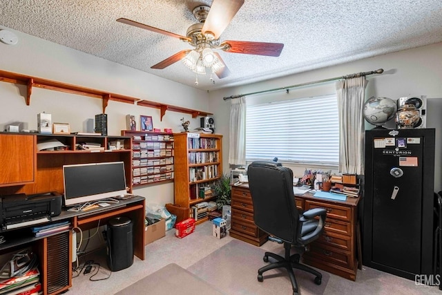 6012 Cumin Ln, Bakersfield, CA 93309 - office with ceiling fan, light colored carpet, and a textured ceiling