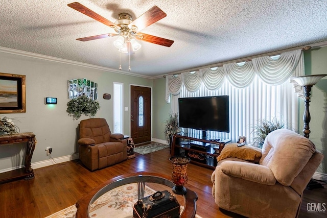 6012 Cumin Ln, Bakersfield, CA 93309 - living room with ornamental molding, a textured ceiling, wood finished floors, ceiling fan, and baseboards